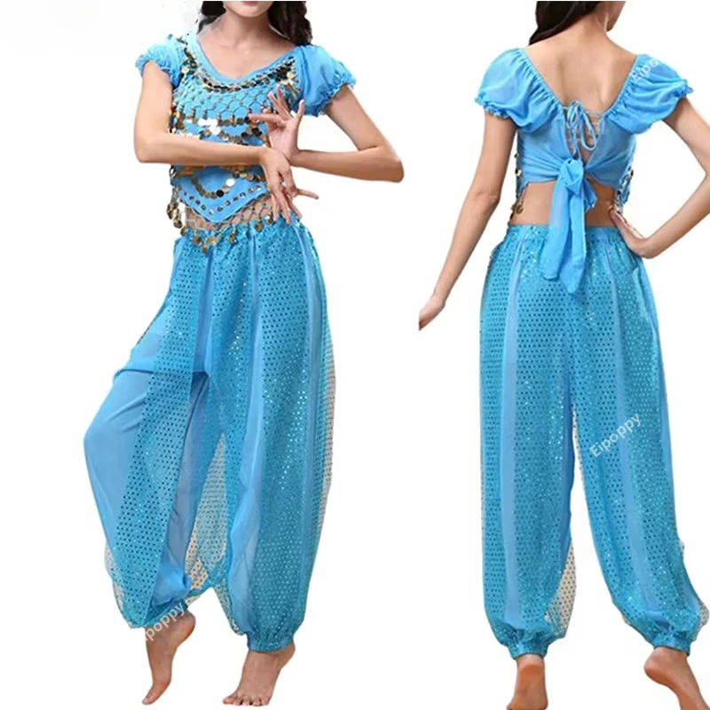 مجموعة أزياء الرقص الشرقي النسائية، قمصان مطرزة بالترتر مع بنطلون حريم، سراويل حريم، ملابس رقص الهالوين العربية