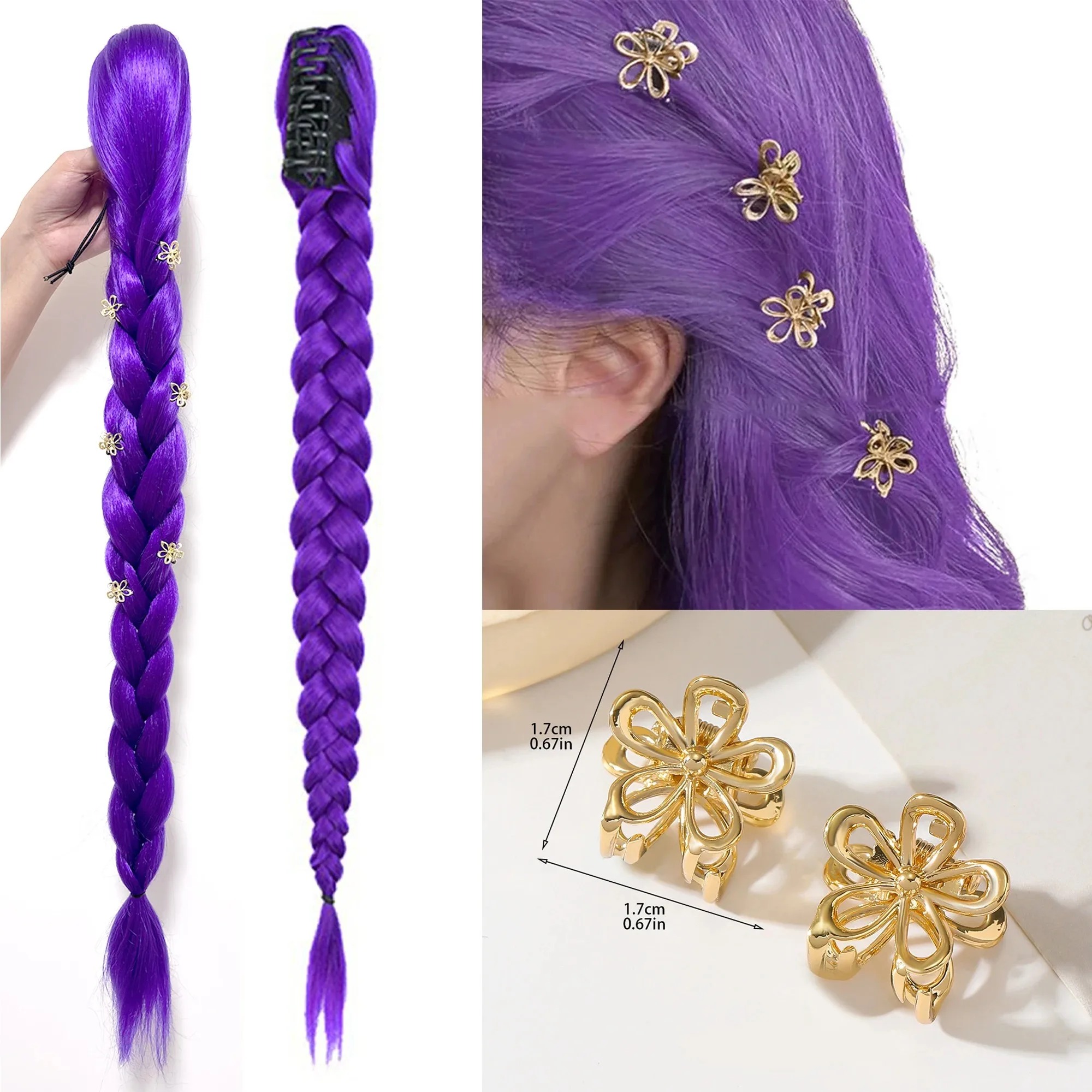 ضفيرة أرجوانية طويلة بطول 82 بوصة مع زهرة للأطفال والفتيات، ضفيرة شعر صناعية على شكل ذيل حصان، زي تنكري لعيد الهالوين والكريسماس