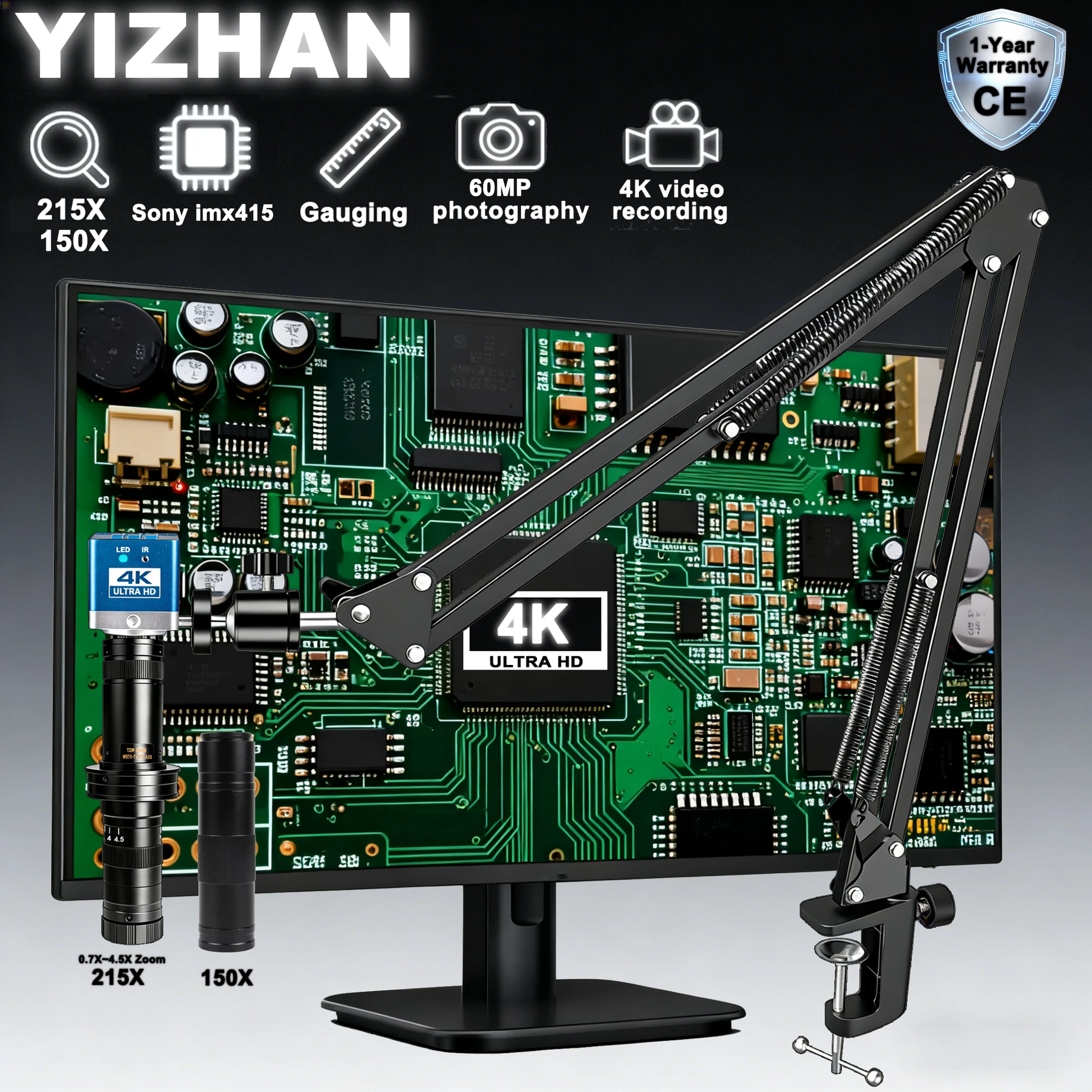 مجهر YIZHAN 4K للحام، مجهر رقمي بدقة 60 ميجابكسل، كاميرا بشريحة IMX415، عدسة 215X 150x، مجهر قياس بذراع متحرك