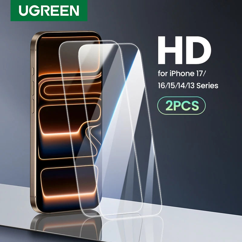 واقي شاشة UGREEN قطعتين لهواتف آيفون 18 و17 و16 و15 و14 و13 برو ماكس، زجاج مقوى لآيفون 16 بلس، واقيات شاشة لآيفون 15 برو