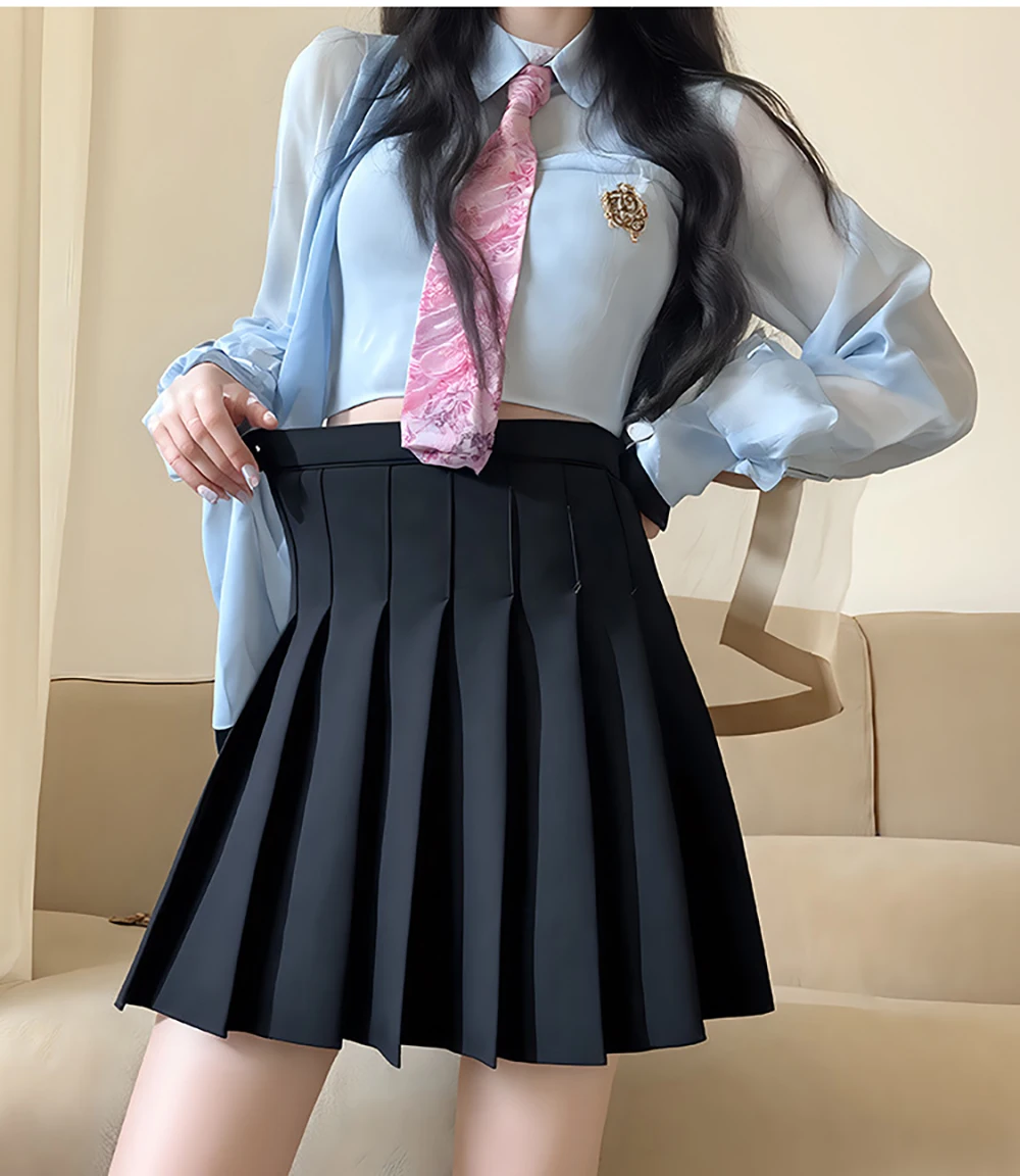 تنورة مطوية بحزام مطاطي على طراز Preppy تنورة صيفية غير رسمية موضة حلوة هوتي كلية JK تنورة نسائية سوداء بالجملة