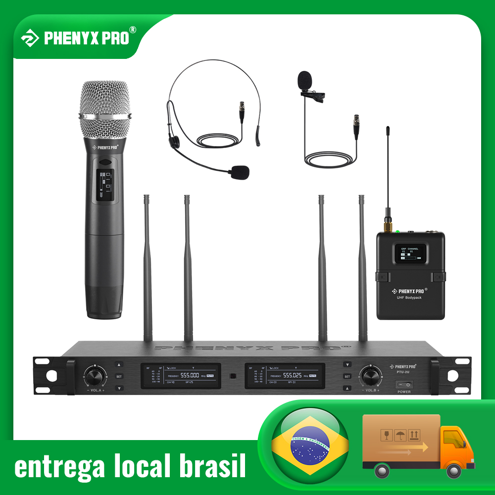 نظام ميكروفون لاسلكي Phenyx Pro PTU-2U-1H1B بتقنية التنوع الحقيقي، ميكروفونات UHF محمولة/تُثبت على الجسم/سماعات رأس/ميكروفونات تُثبت على الملابس مع ميزة المسح التلقائي للمسرح