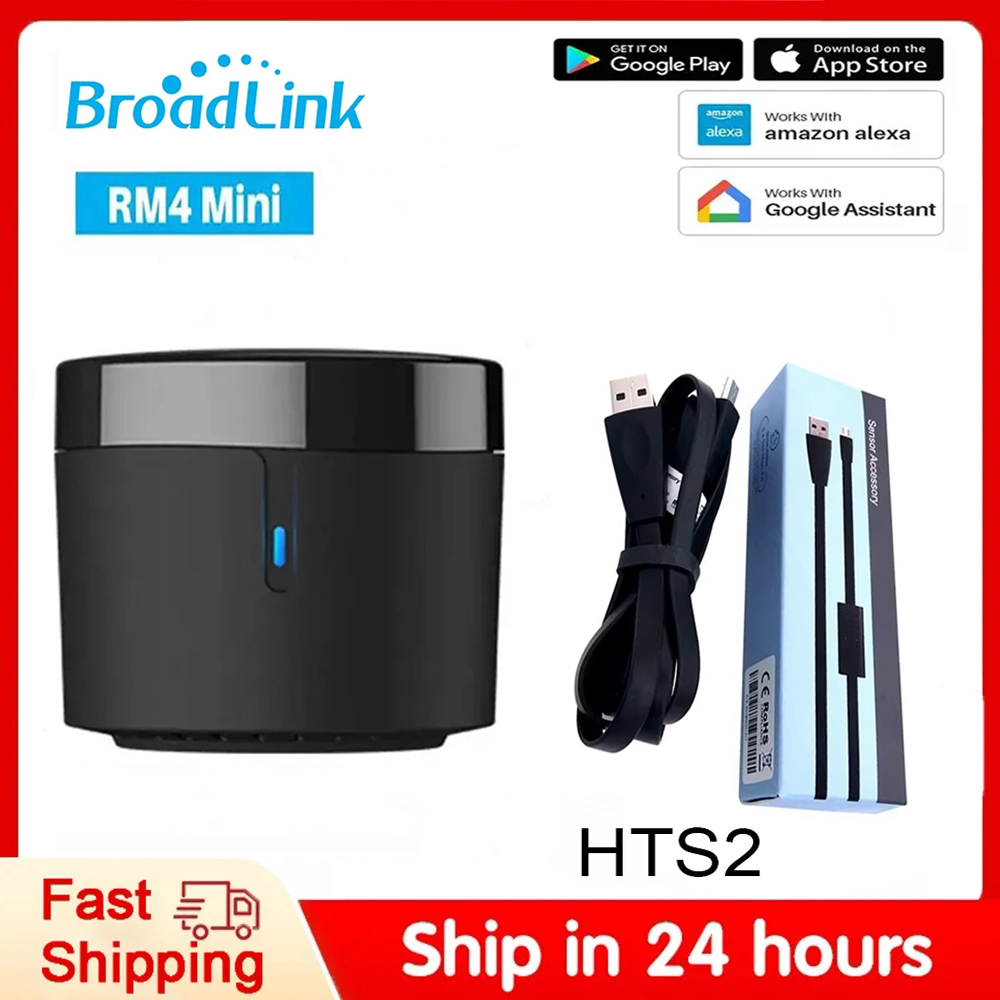 جهاز تحكم عن بعد Broadlink RM4 Mini HTS2 IR لتكييف الهواء والتلفزيون وجهاز استقبال البث الرقمي مع مستشعر درجة الحرارة والرطوبة لـ Google Home وAlexa