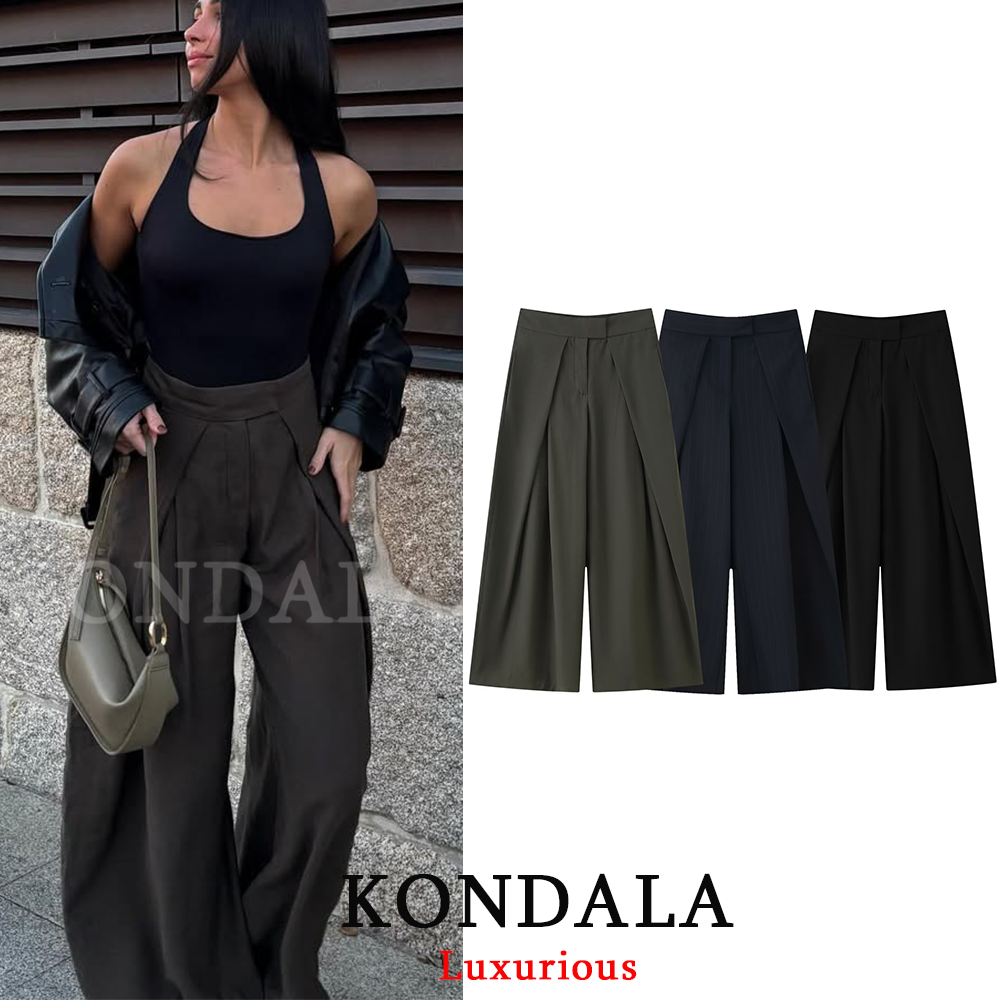 KONDALA سراويل طويلة أنيقة غير رسمية بأرجل واسعة للنساء مكتب سيدة جيوب مطوي سراويل طويلة موضة 2026 لربيع وصيف ملابس الشارع الشهير