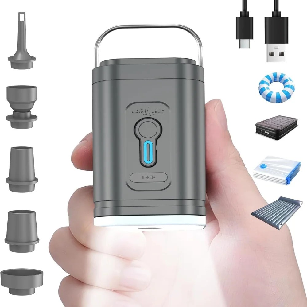 مضخة هواء محمولة صغيرة بسعة 1200 مللي أمبير قابلة لإعادة الشحن عبر USB، منفاخ ونازف هواء لاسلكي للتخييم والمراتب وعوامات المسبح والقوارب، نفخ سريع