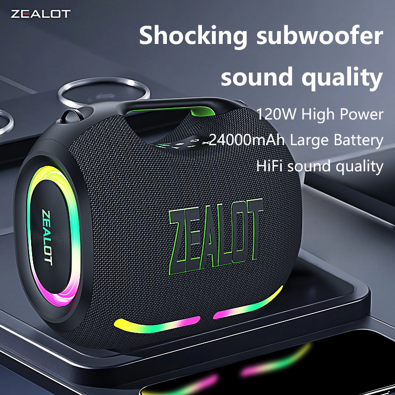 مكبر صوت لاسلكي ZEALOT-ZE01 بقوة 120 واط، مضخم صوت TWS، مكبر صوت بلوتوث عالي الصوت، مقاوم للماء، محمول، مع طاقة متنقلة، جودة صوت HIFI، عمر بطارية طويل جداً
