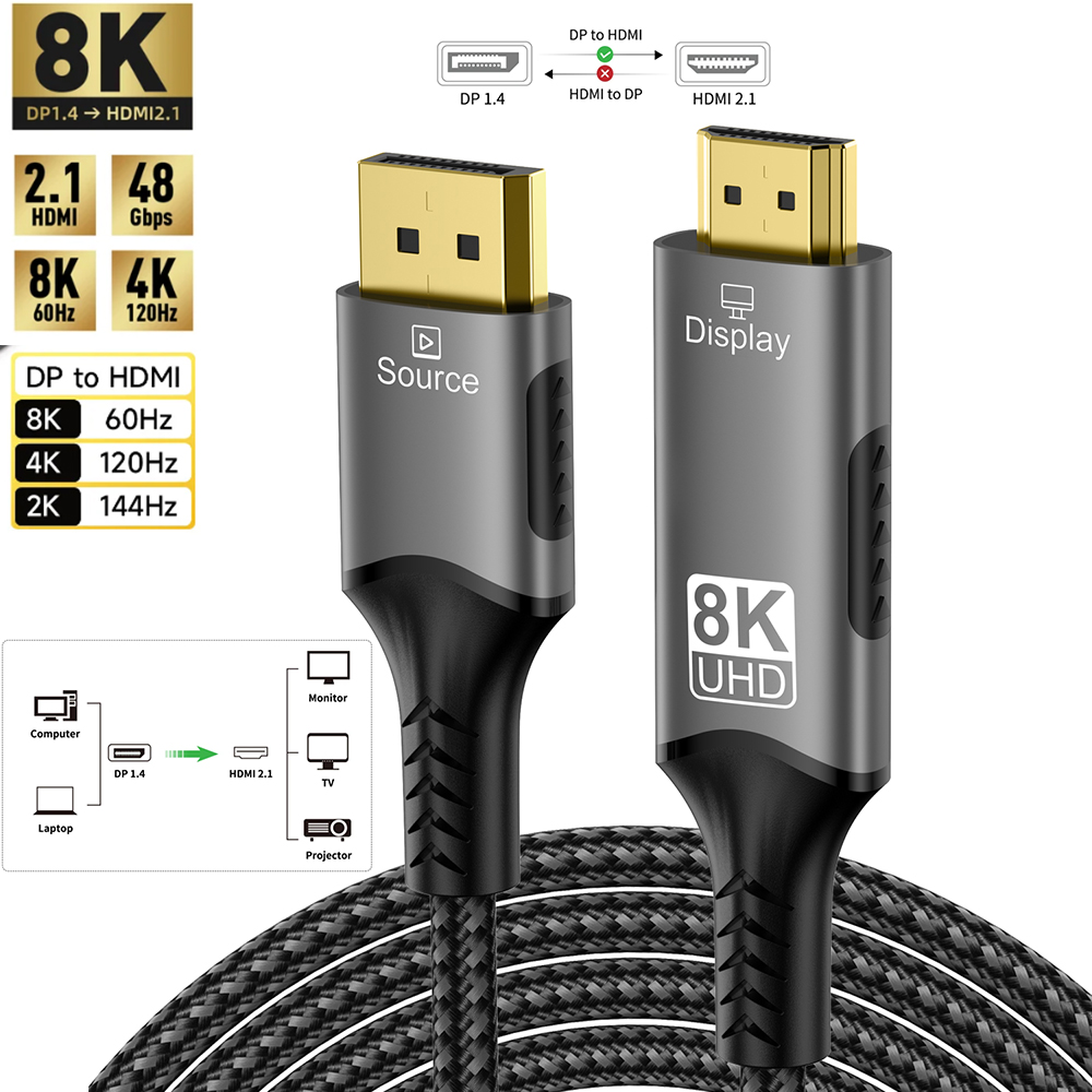 كابل DisplayPort إلى HDMI متوافق بدقة 8K@60Hz و4K@120Hz، محول DP إلى HDMI لنقل الفيديو والصوت لأجهزة الكمبيوتر وأجهزة التلفزيون عالية الدقة وأجهزة العرض وXbox