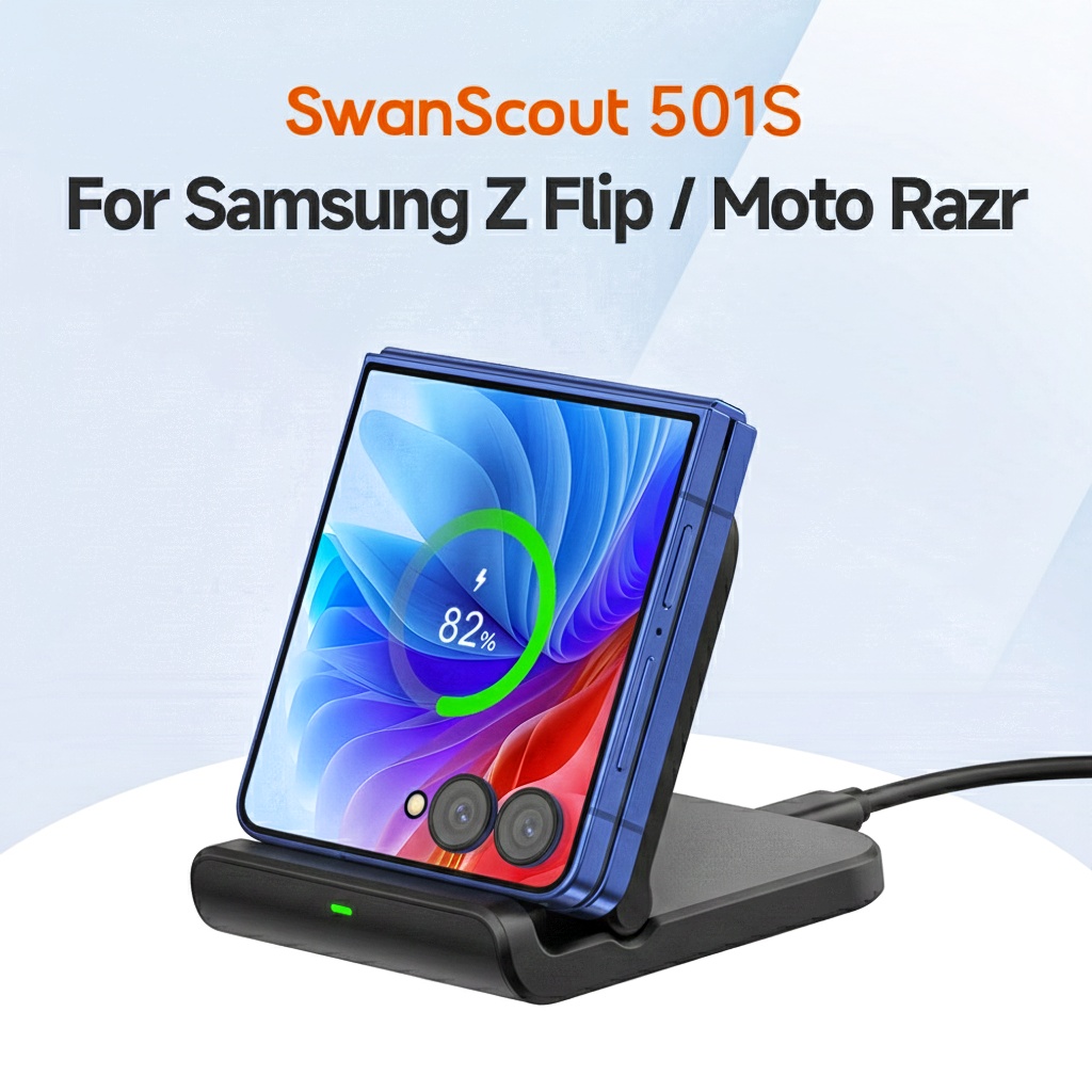 شاحن SwanScout 501S اللاسلكي لهاتف سامسونج Z Flip 7 6 حامل شحن سريع قابل للطي لهاتف Moto Razr 60 50 Ultra 40 لهاتف Galaxy S24