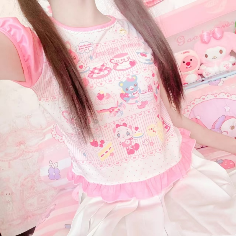 ملابس نسائية يابانية تي شيرت قصير مطبوع لطيف تي شيرت نسائي صيفي ملون قصير ملابس Kawaii Pulover شبابية y2k