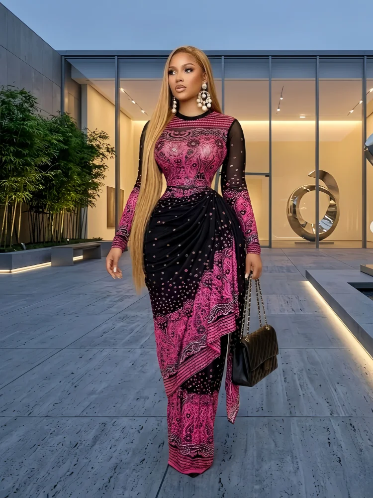 فستان نسائي طويل من CM.YAYA بتصميم مطبوع ومجعد بأكمام طويلة، فستان ضيق متوسط الطول للحفلات والمناسبات التعليمية، فساتين عصرية