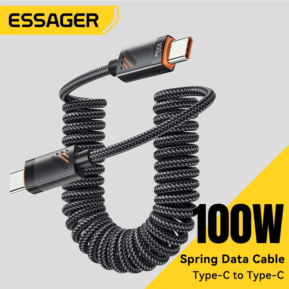 Essager سيارة الربيع نوع C كابل آيفون 16 15 Xiaomi سامسونج 100 واط PD شحن سريع لماك بوك باد نوع C إلى نوع C كابل