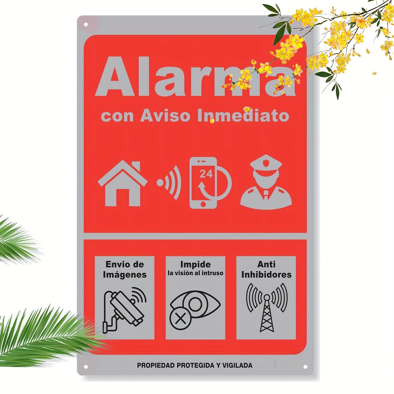 علامة حديدية قديمة إسبانية Alarma إنذار - حمراء وبيضاء فنية أمنية جدارية ريترو، من صفيح متين مع مراقبة 24/7
