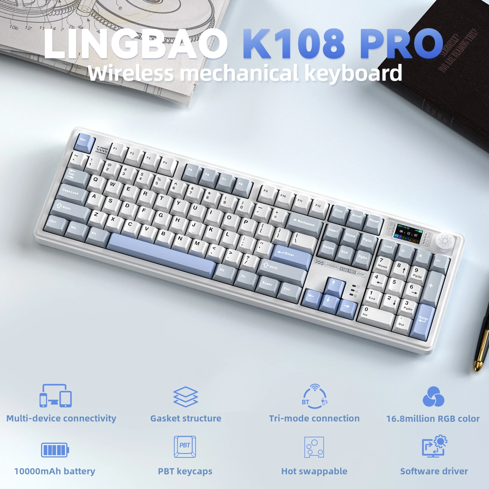 LINGBAO K108pro لوحة المفاتيح الميكانيكية ثلاثي الوضع الحروف الكورية معكرون اللون PBT Keycap 10000mAh بطارية كبيرة لأجهزة الكمبيوتر للكمبيوتر