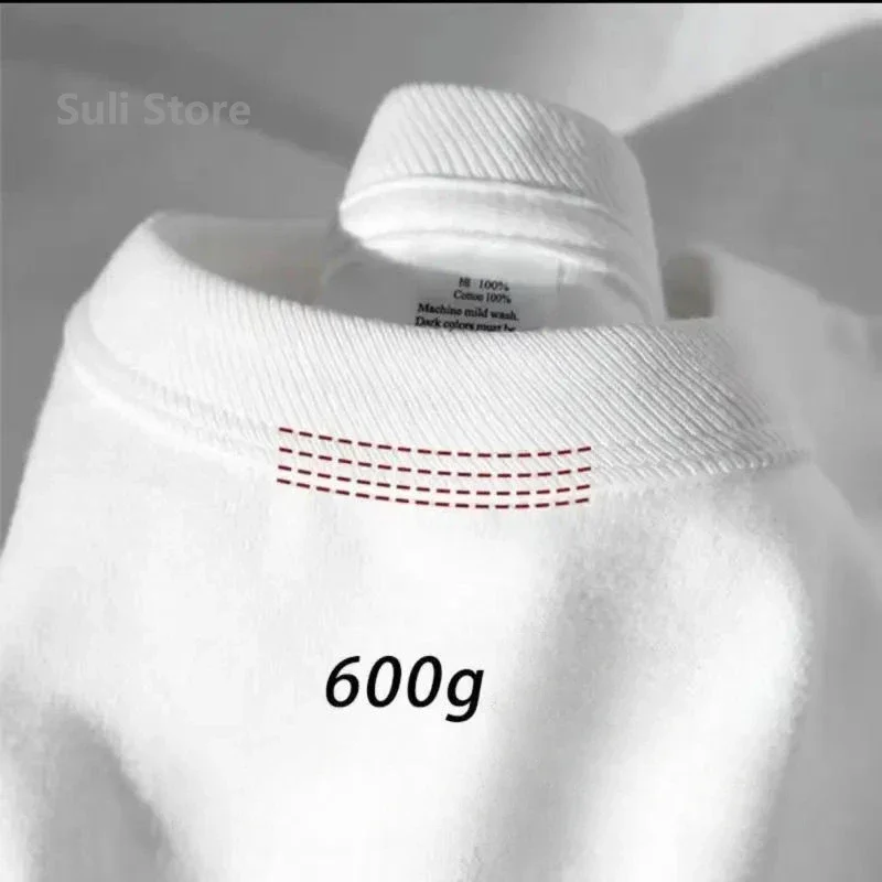 تي شيرت قطني عالي التحمل 600 جرام بأكمام قصيرة للرجال موضة القطن الخالص سميك بأكمام قصيرة تي شيرت بنصف كم