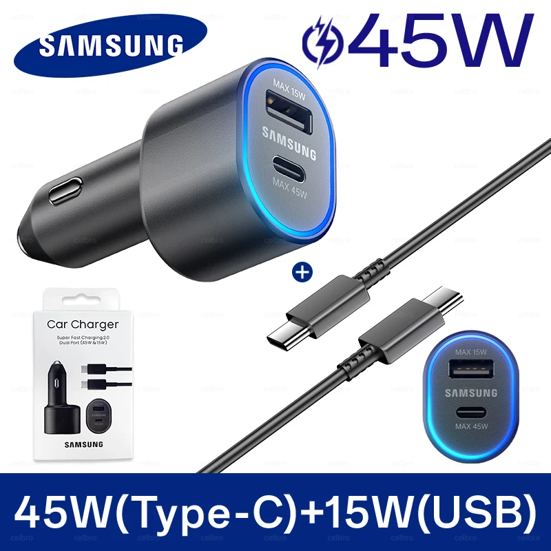 60 واط سامسونج USB نوع C شاحن سيارة PD سوبر شحن غالاكسي S25 S24 S23 S22 الترا 45 واط 15 واط شاحن سامسونج Z أضعاف 5 4 الوجه في السيارة