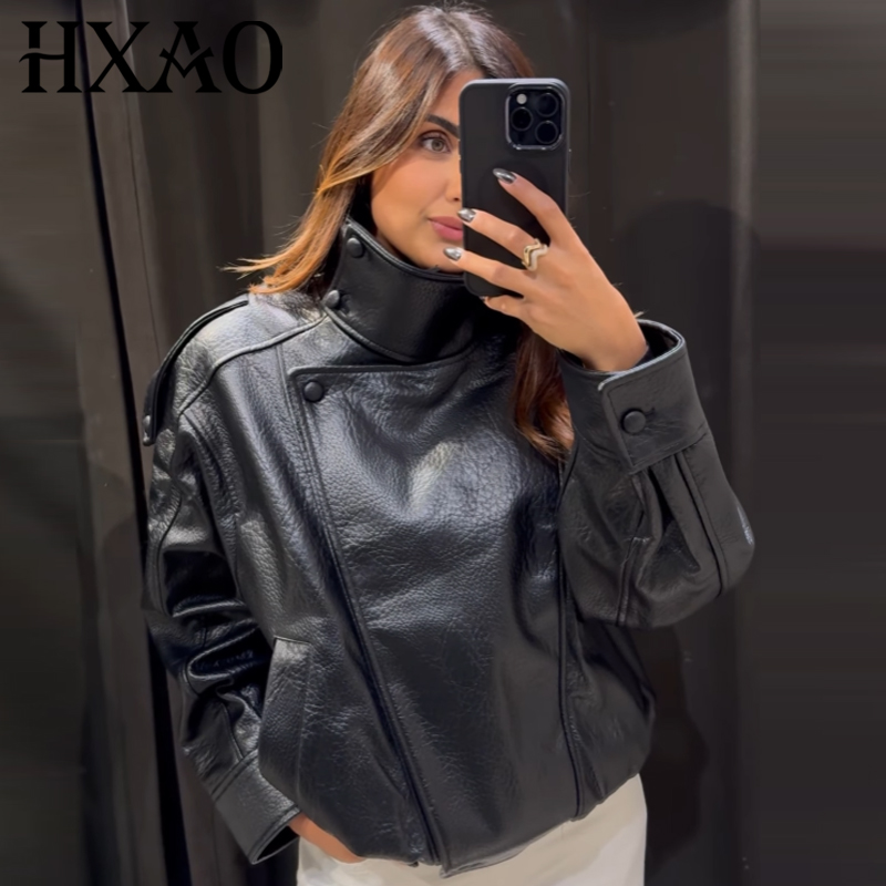 سترات HXAO من الجلد الصناعي باللون الأسود للنساء وصلت حديثًا سترة منفوخة كبيرة الحجم معاطف بأكمام طويلة وسترات للدراجات النارية
