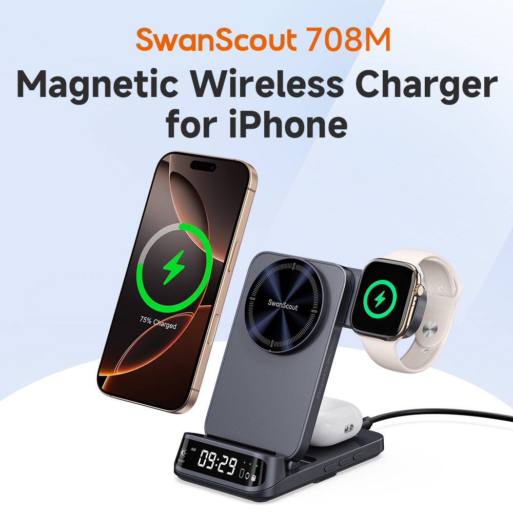 محطة شحن مغناطيسية SwanScout 708M لهاتف iPhone 17 16 15 14 شاحن لاسلكي لساعة Apple Ultra 3 11 10 SE 2 لأجهزة Airpods