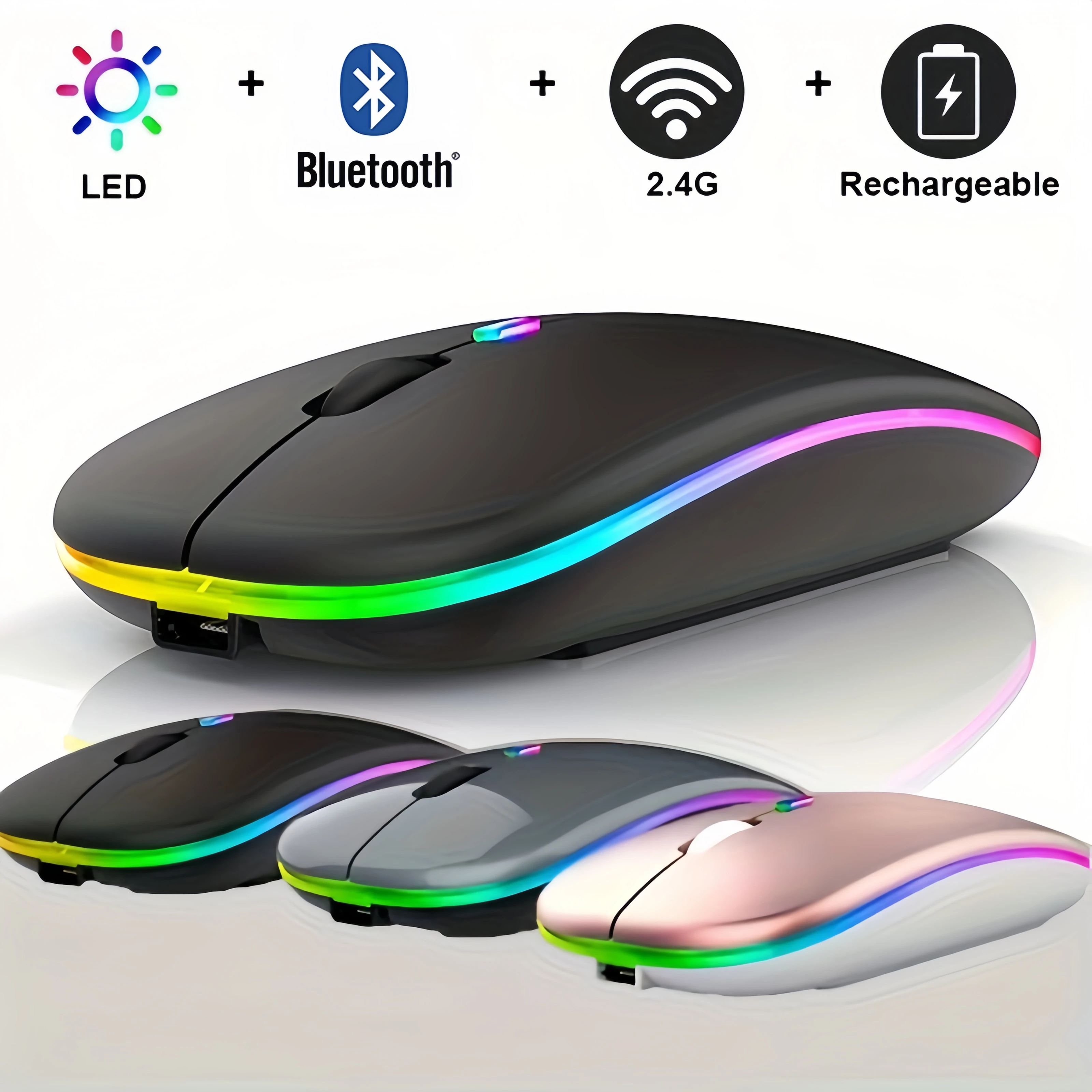ماوس لاسلكي بلوتوث وأوضاع مزدوجة 2.4 جيجا هرتز قابلة لإعادة الشحن RGB مريح صامت للكمبيوتر الشخصي iPad والكمبيوتر المحمول والهاتف الخليوي والتلفزيون