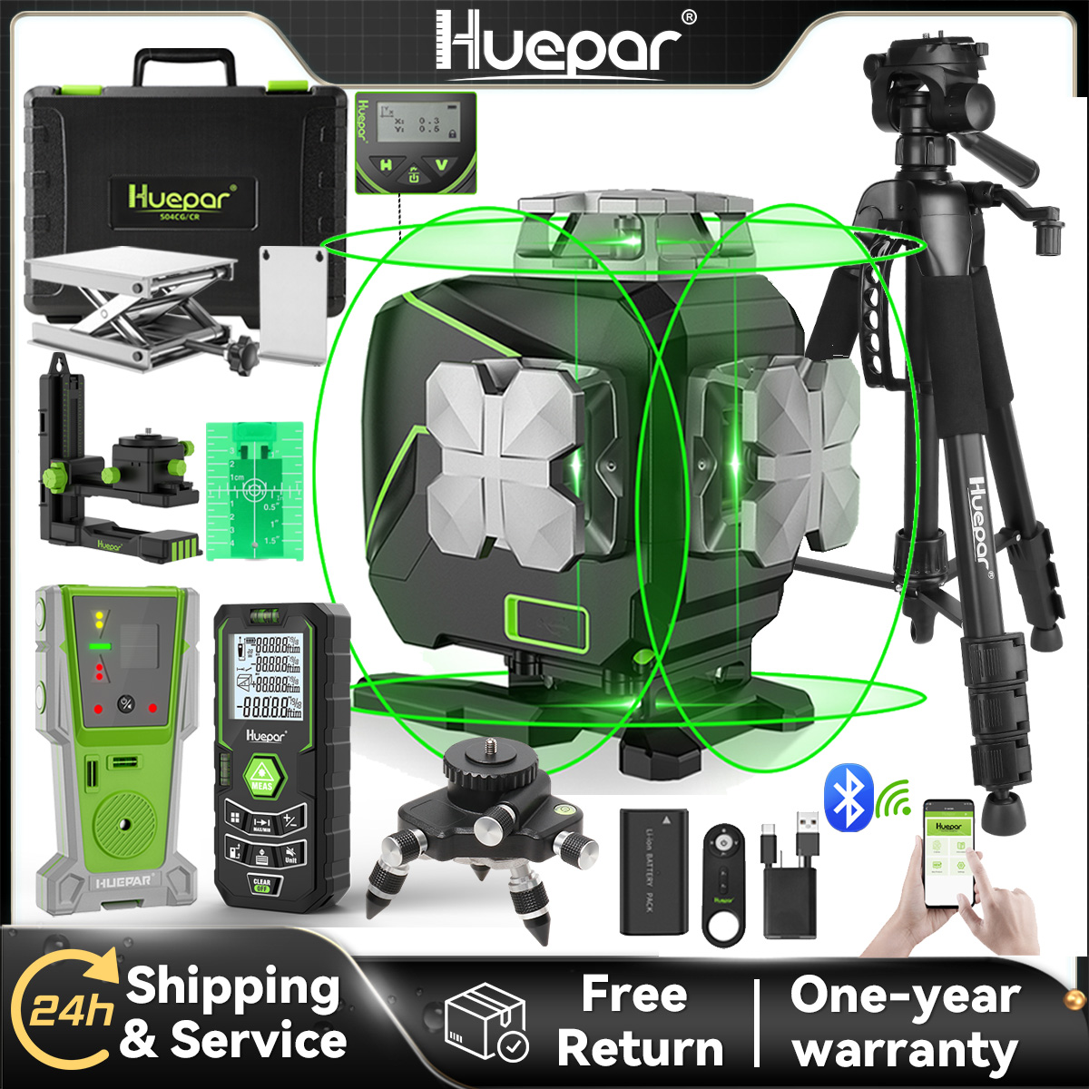 Huepar S04CG-C مجموعة 4D 16 خطوط عبر خط مستوى الليزر LCD/بلوتوث/أدوات الليزر عن بعد مع كاشف ترايبود Rangefinder محول