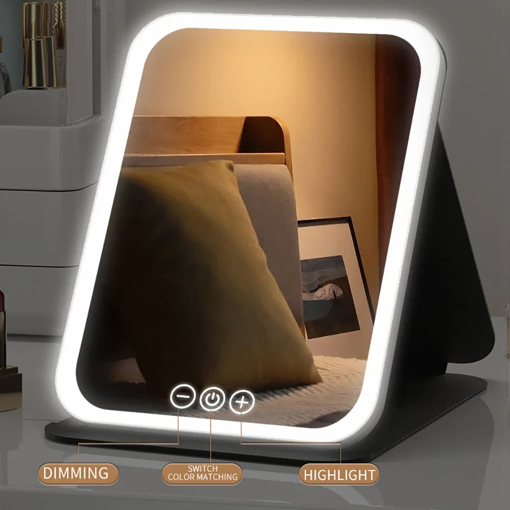 مرآة ماكياج LED عكس الضوء 3 ألوان أوضاع إضاءة ضبط السطوع USB Charing أضعاف مرآة منضدية المرآة البالونية للسفر إلى المنزل
