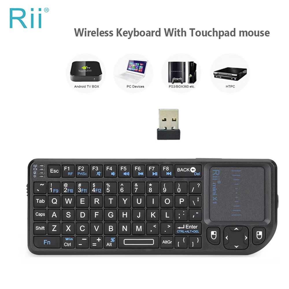 لوحة مفاتيح Rii X1 2.4 جيجا هرتز لاسلكية صغيرة باللغة الإنجليزية/ES/FR مع لوحة لمس لجهاز Android TV Box/الكمبيوتر الشخصي/الكمبيوتر المحمول