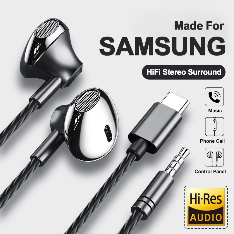 USB نوع C سماعة HiFi باس ستيريو التحكم في مستوى الصوت هيئة التصنيع العسكري 3.5 مللي متر السلكية سماعات الأذن ل غالاكسي S24 S23 S22 S21 الترا آيفون 15 برو ماكس