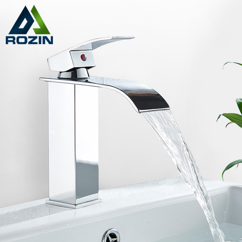 Rozin مياه باردة ساخنة حوض صنبور شلال حوض حمام مزخرف الحنفيات واحدة رافعة الكروم/أسود النحاس غسل خلاط الصنابير