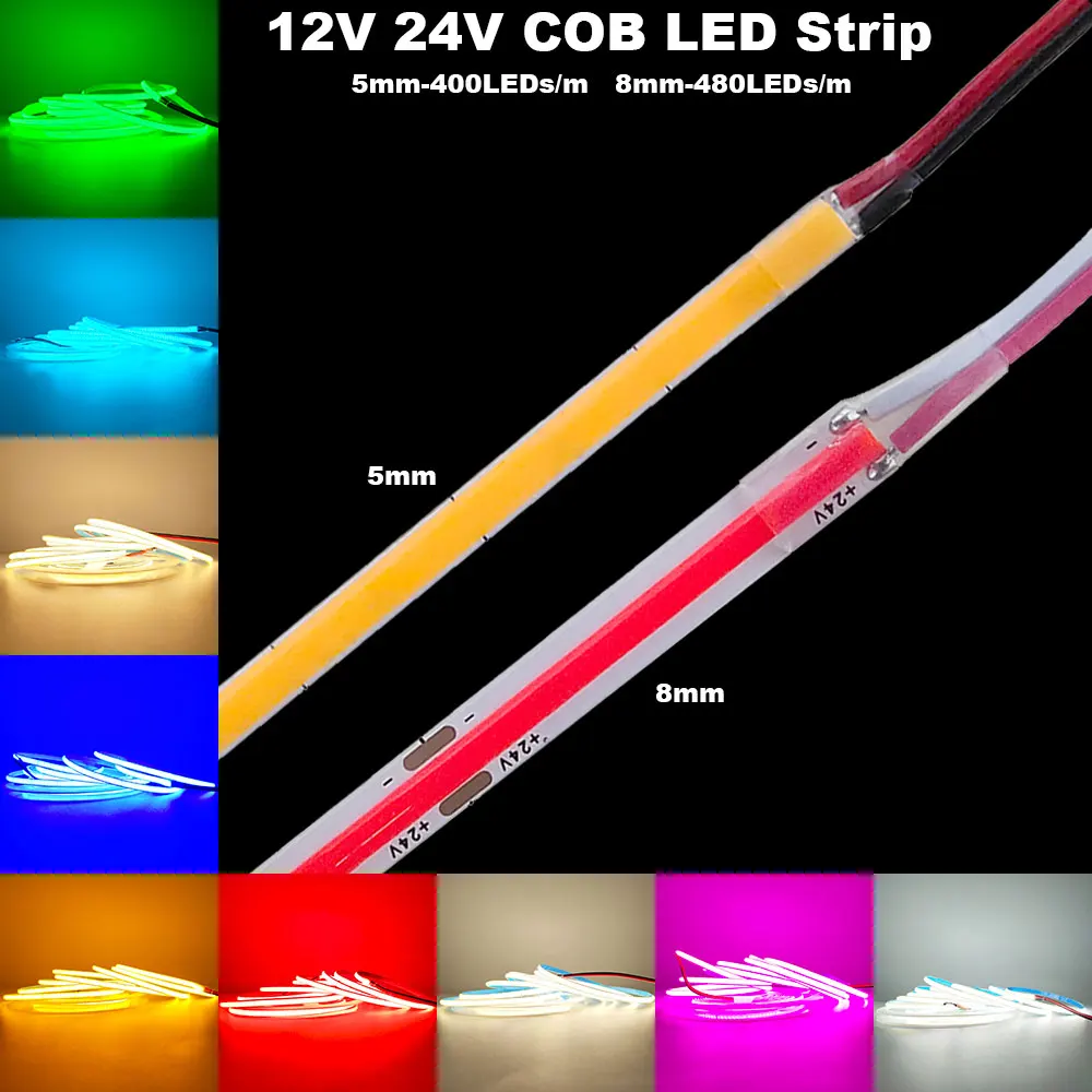 12 فولت 24 فولت COB LED قطاع 5 مللي متر/8 مللي متر PCB 400/480 المصابيح/م مرنة الأحمر/الأخضر/الأزرق/الوردي/الجليد الأزرق/الأصفر Led قطاع للديكور المنزل أضواء LED