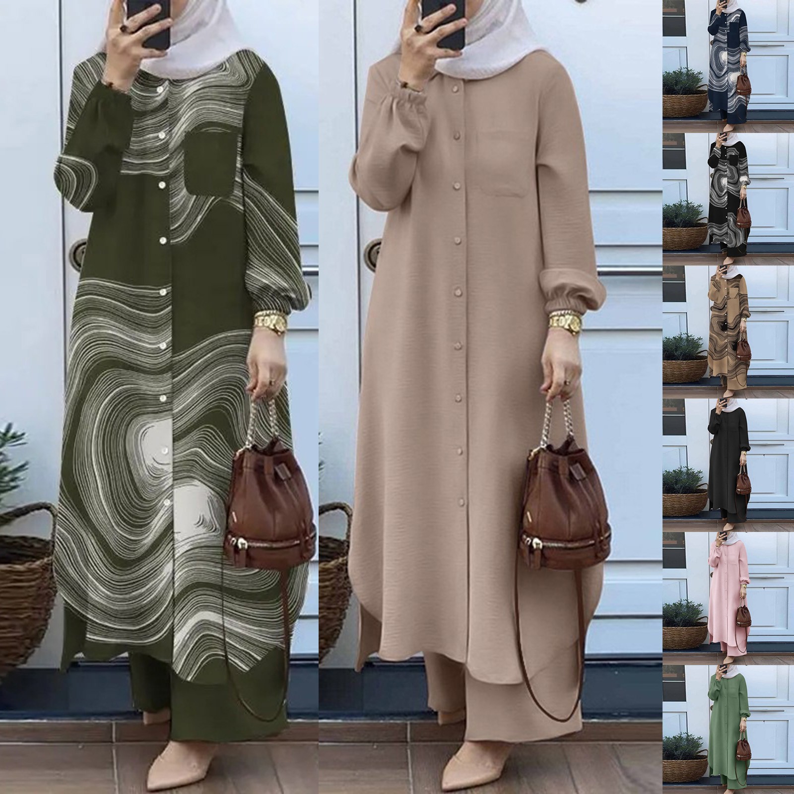 طقم قميص وسراويل بأكمام طويلة إسلامية للنساء ، بدلات عبايات غير رسمية ، عباية تركيا ودبي ، ملابس خارجية عربية