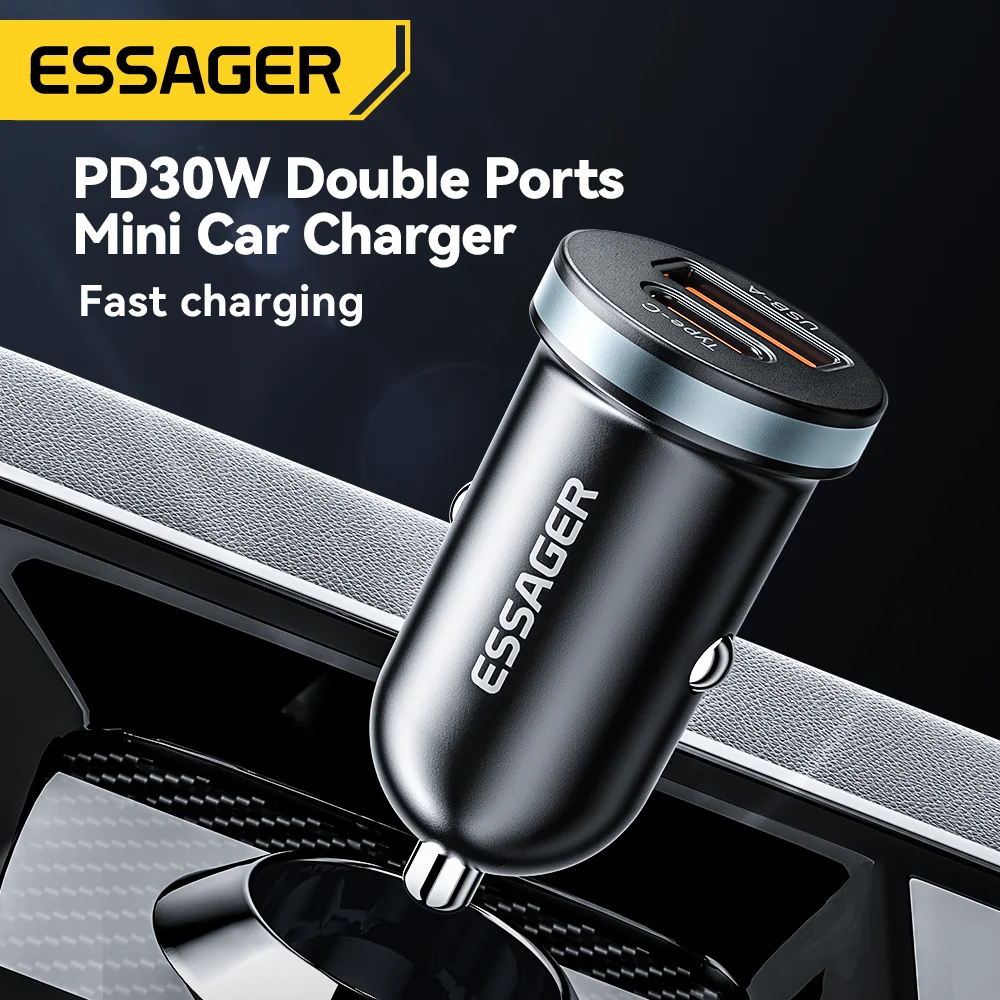 Essager 30 واط USB C شاحن سيارة نوع C شاحن سريع PD QC 3.0 SCP 5A شحن سريع شحن هاتف السيارة آيفون شاومي سامسونج