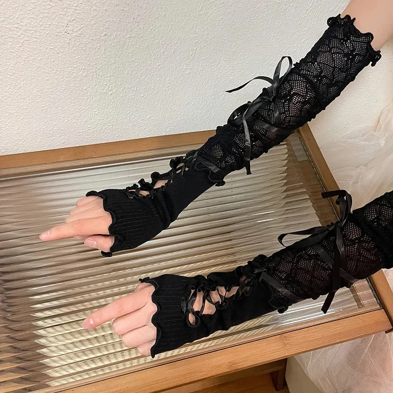 النساء لوليتا Jk الدانتيل أصابع قفازات الأسود القوطية DIY بها بنفسك الربط واقية من الشمس كم الملابس والاكسسوارات شبكة مطاطية قفازات فاسق
