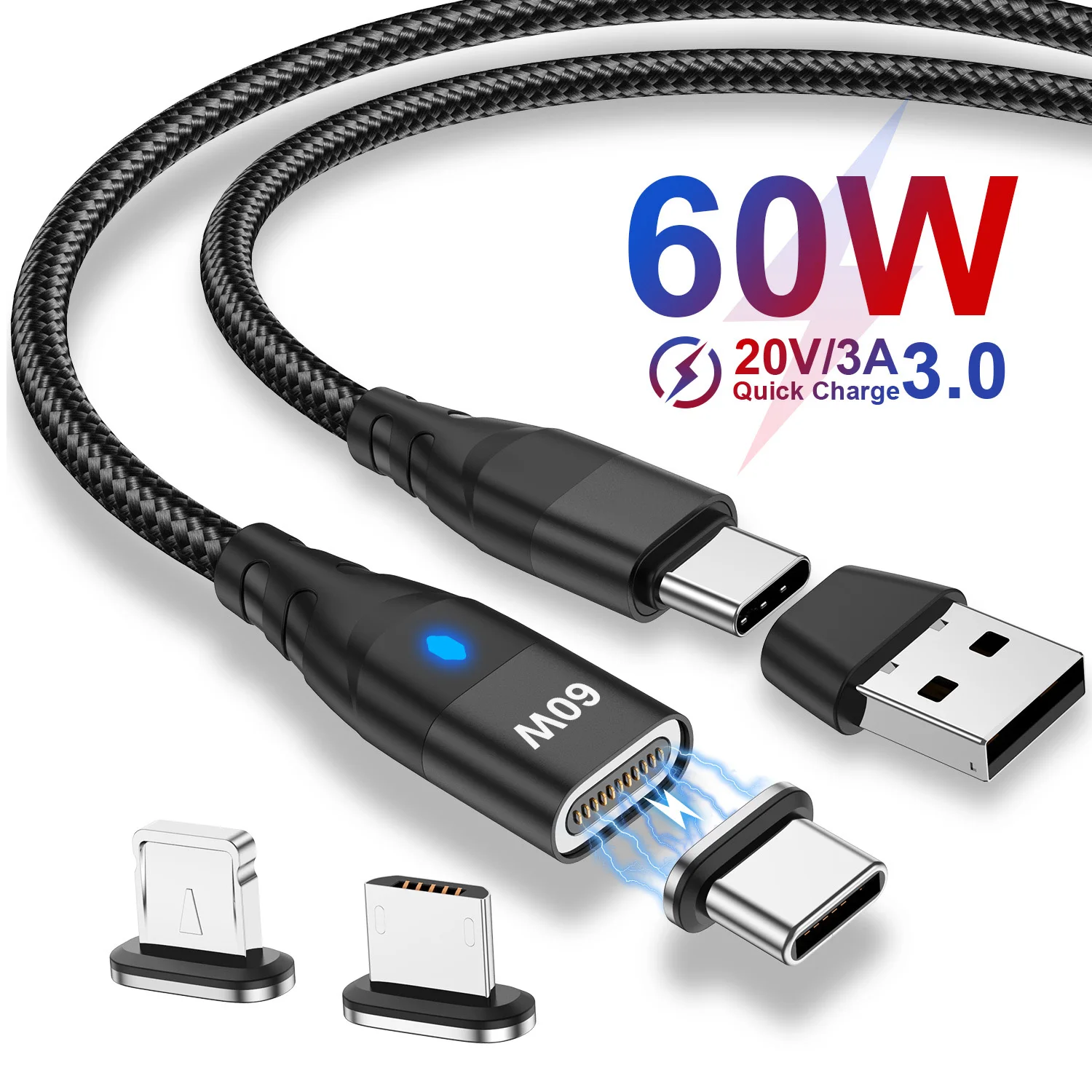 كابل مغناطيسي 60 وات شحن سريع USB C إلى TypeC سلك بيانات مغناطيسي صغير لهاتف iPhone وسامسونج سلك شاحن مغناطيسي USB A محول