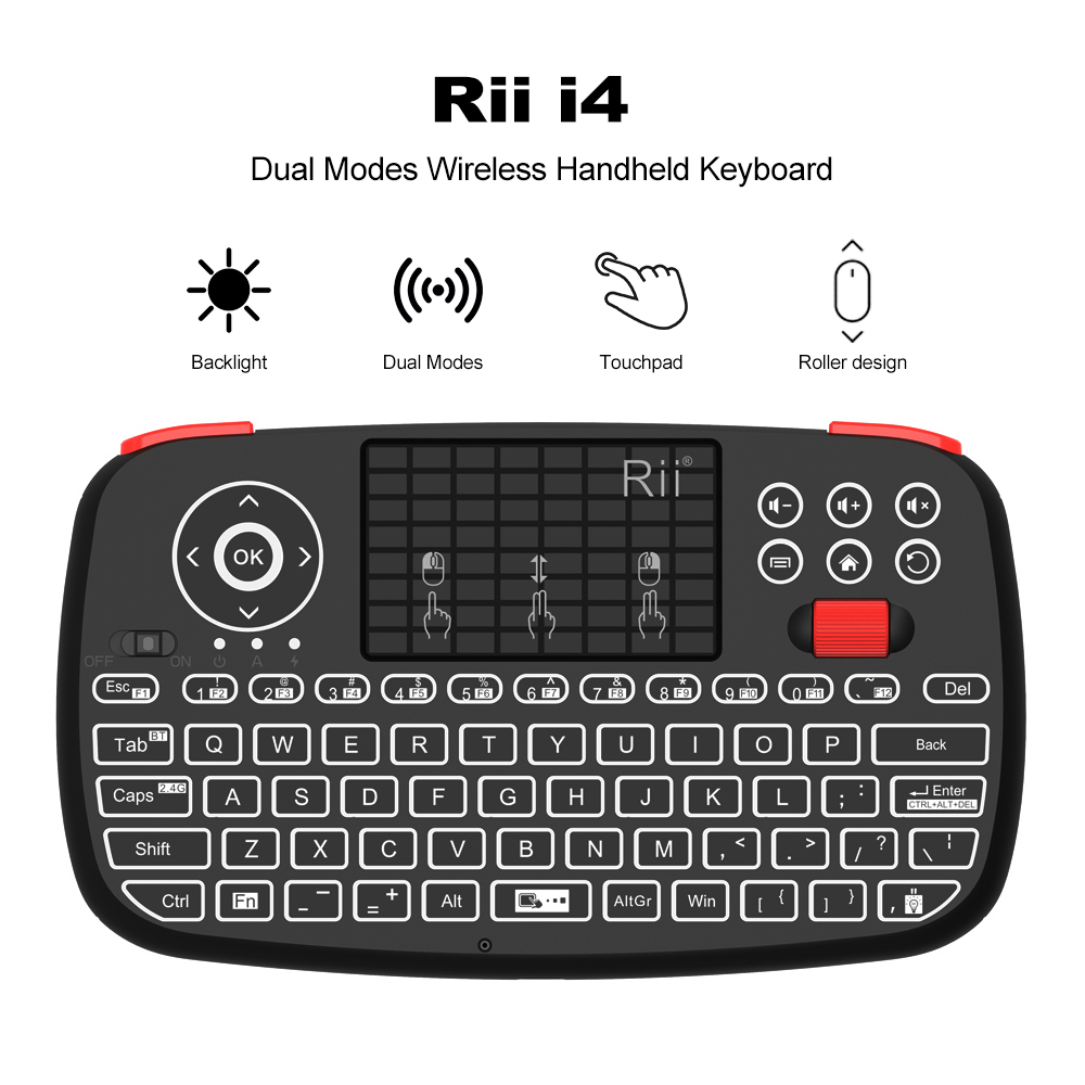 لوحة مفاتيح لاسلكية Rii I4 Mini بتقنية البلوتوث مع لوحة لمس 2.4 جيجاهرتز وماوس بإضاءة خلفية وجهاز تحكم عن بعد لنظام ويندوز وأندرويد وصندوق التلفزيون الذكي والتلفزيون الذكي