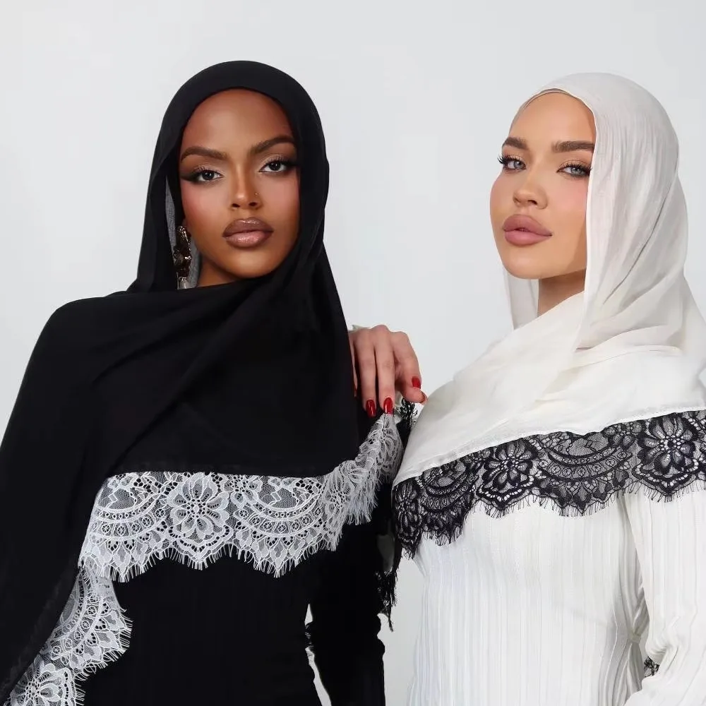 حجاب نسائي من القطن والرايون والمودال، شال مسامي بحواف دانتيل، عمامة، وشاح سادة، غطاء رأس، حجابات نسائية لرمضان