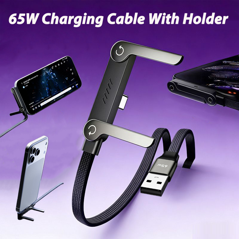 كابل شحن سريع USB بقوة 65 واط مع حامل هاتف قابل للطي 2 في 1، سلك شحن سريع من نوع C، خط شحن USB C للهواتف المحمولة