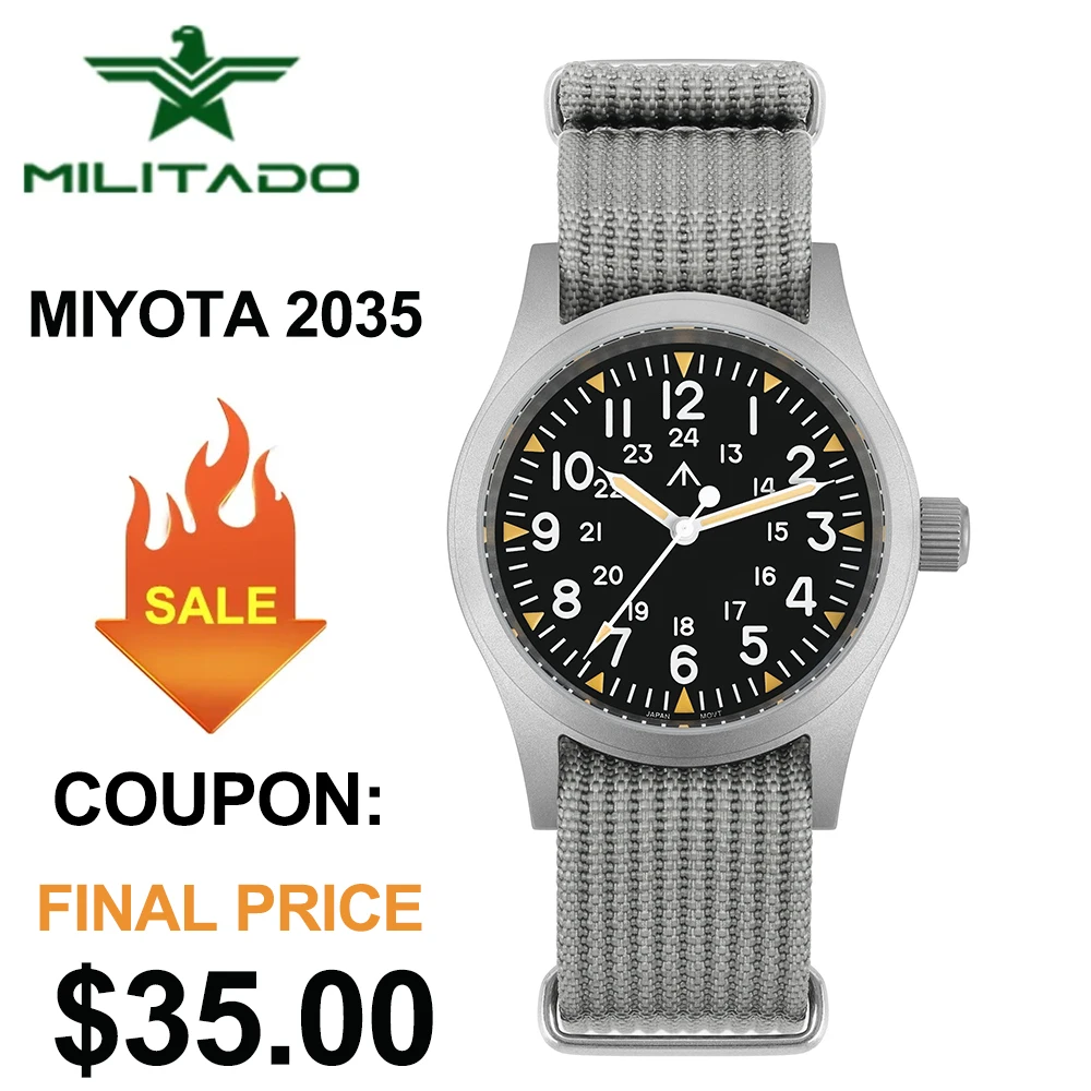 Militado ML05 38 مللي متر ساعة عسكرية ميوتا 2035 حركة القبة الياقوت كريستال C3 الأخضر مضيئة 10Bar مقاوم للماء الساعات خمر