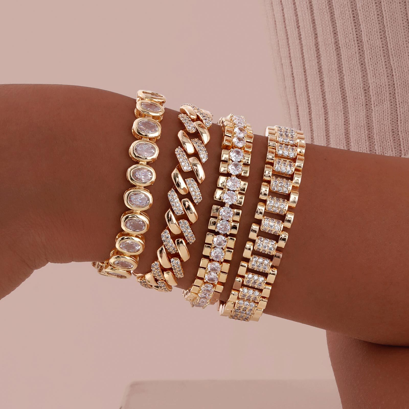 مشبك ورق سلسلة سوار 14K مطلية بالذهب مكعب زركونيا حزام ساعة اليد مكتنزة رابط قابل للتعديل تكويم مجوهرات للنساء فتاة هدية