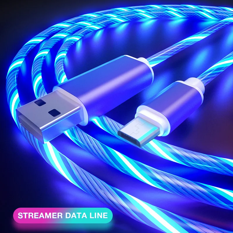 كابل متوهج كابلات شحن الهاتف المحمول LED ضوء مايكرو USB نوع C شاحن لسامسونج Xiaomi iPhone 14 13 سلك شحن