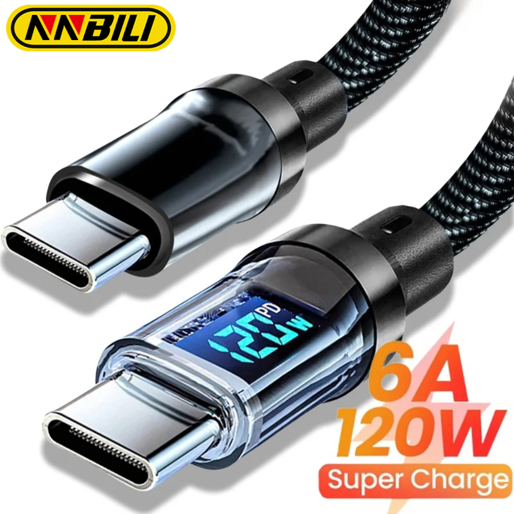كابل شحن فائق السرعة NNBILI بقوة 120 واط من نوع A-C وC-C مع شاشة عرض LED، غير متوافق مع شاومي وآيفون وسامسونج.