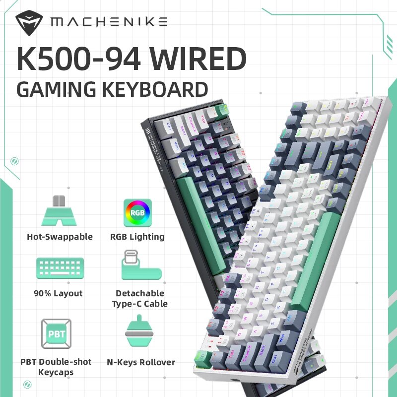 لوحة مفاتيح ميكانيكية MACHENIKE K500 لوحة مفاتيح سلكية للألعاب K500-B94 قابلة للتبديل السريع 94 مفتاحًا 90% تخطيط RGB بإضاءة خلفية للكمبيوتر المحمول