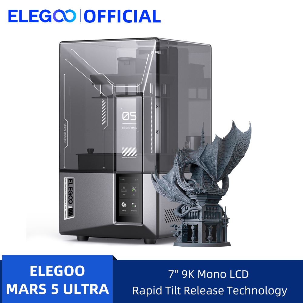 طابعة ELEGOO ثلاثية الأبعاد من نوع Mars 5 Ultra مع شاشة LCD أحادية اللون بدقة 9K مقاس 7 بوصات، سرعة طباعة عالية تصل إلى 150 مم/ساعة، حجم الطباعة 6.04 × 3.06 × 6.49 بوصة.