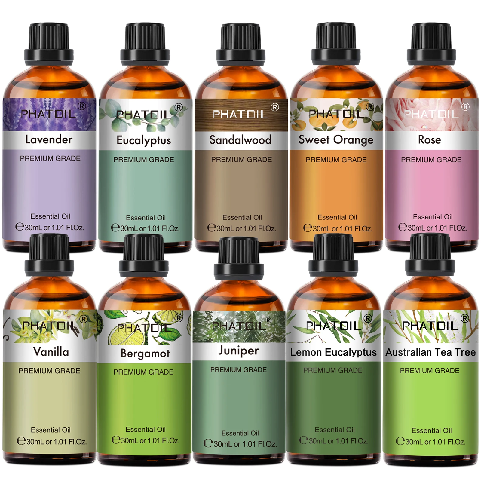 PHATOIL 1 قطعة زيت عطري للعلاج العطري 30 مللي الليمون الأوكالبتوس الخزامى البرغموت الياسمين العرعر الورد الفانيليا زيت عطري