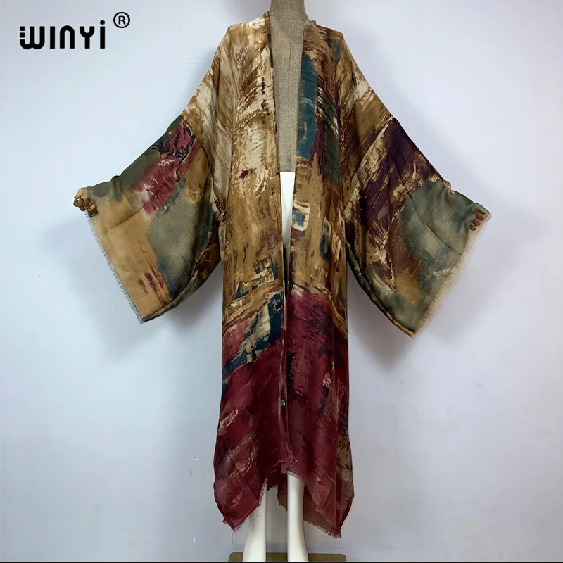 عباءة نسائية أنيقة من WINYI بتصميم كيمونو مطبوع وأكمام طويلة، فستان بوهيمي فاخر على طراز دبي