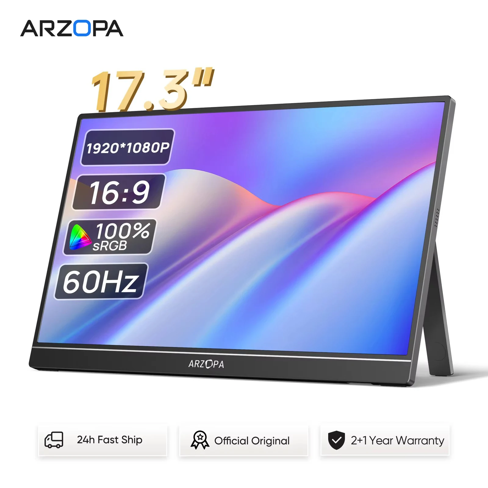 شاشة ARZOPA المحمولة مقاس 17.3 بوصة بدقة 1080P FHD و100% SRGB، شاشة IPS بنسبة 16:9، هيكل معدني، مع منفذ Type-C وMini HDMI، ومكبرات صوت.