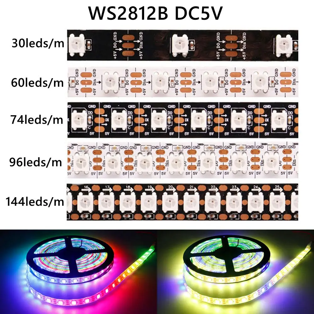 شريط إضاءة LED طراز WS2812B بجهد 5 فولت تيار مستمر، 30/60/74/96/144 مصباح LED لكل متر، قابل للتحكم الفردي، إضاءة ذكية RGB 5050، مقاومة للماء IP30/65/67