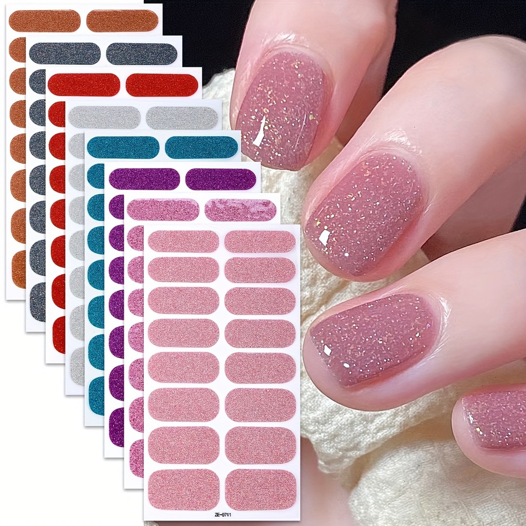 8 ورقات ستيكر كامل للونج Pink Nail Glitter ستيكر جل نيل ذاتي اللصق لنساء أدوات مانيキュير المنزلية DIY مجموعة مانيキュير