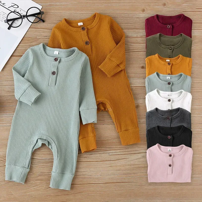 ربيع الخريف الوليد الرضع طفل الفتيان الفتيات كم كامل الضلع القطن رومبير Playsuit بذلة
