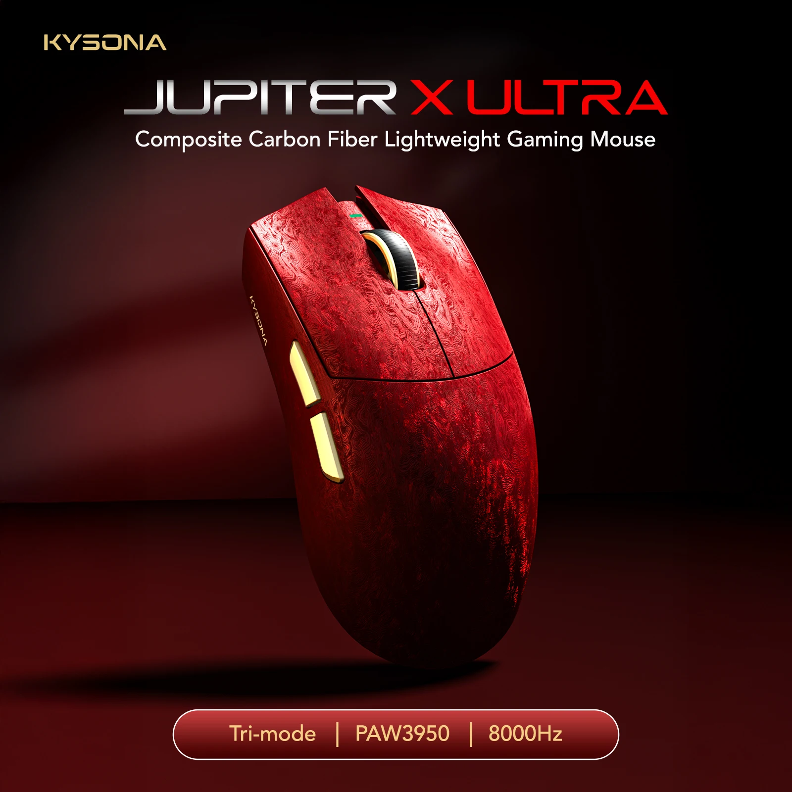 ماوس ألعاب لاسلكي KYSONA Jupiter X Ultra مع مستشعر PAW3950 وتردد 8000 هرتز ووحدة تحكم MCU 54L15، مصنوع من ألياف الكربون المركبة، ثلاثي الأوضاع، وزن 61 جرام، تصميم مريح، مستشعر Omron 70M