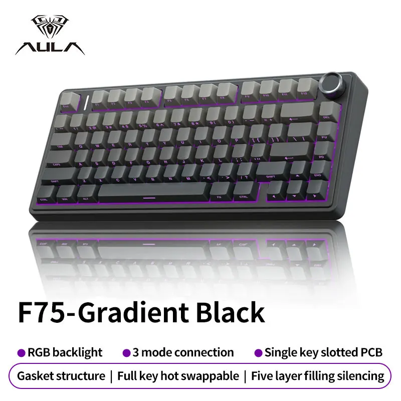 لوحة مفاتيح ميكانيكية للألعاب AULA F75 مع إضاءة RGB، تصميم مخصص بنسبة 75%، نقش جانبي، تركيب جاسكيت، 80 مفتاحًا، أغطية مفاتيح PBT متدرجة اللون