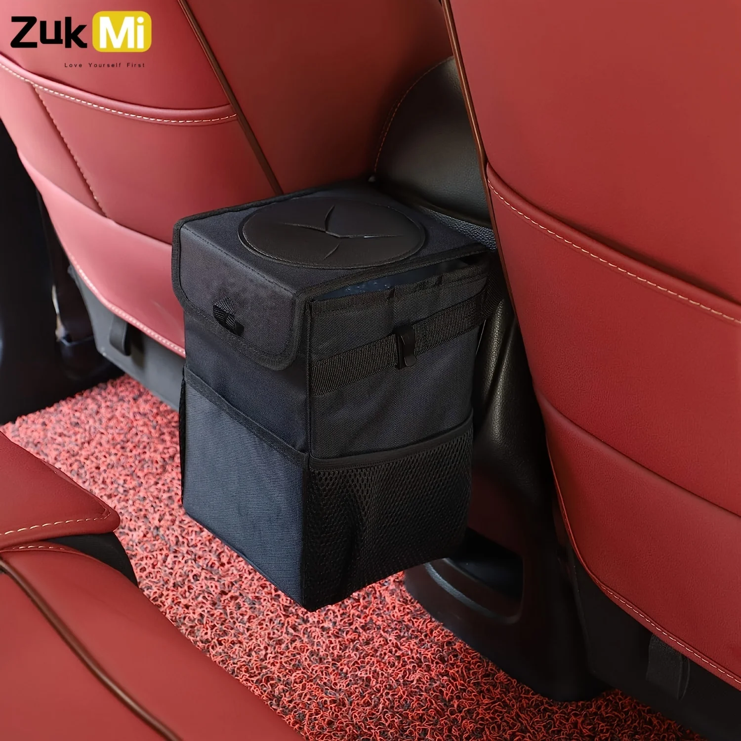 سلة مهملات السيارة مع غطاء - سلة مهملات السيارة المقاومة للتسرب، منظم شاحنة السيارات القابل للطي وحقيبة تخزين ملحقات السيارة